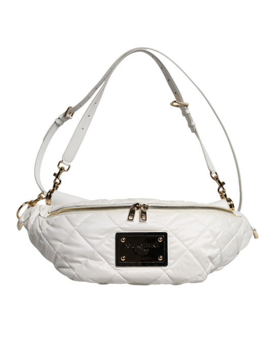 Dolce & Gabbana Calf Leather Nylon Quilted Fanny Pack Belt Bag - Gold White
