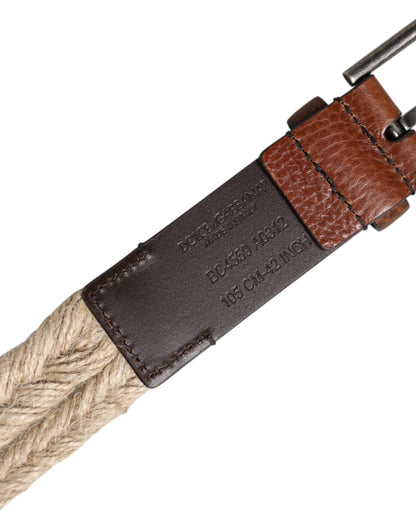 Dolce & Gabbana Calf Leather Jute & Metal Belt - Beige Brown Silver