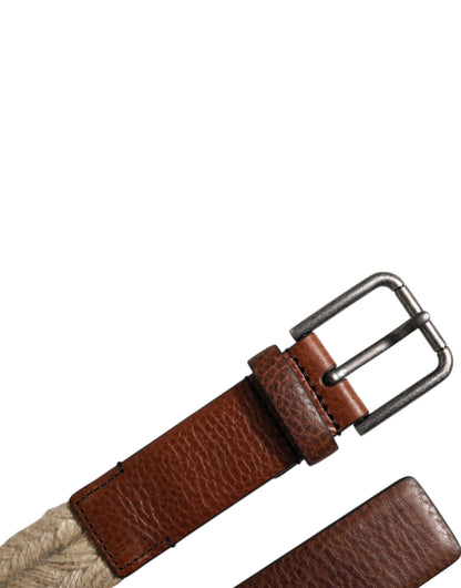Dolce & Gabbana Calf Leather Jute & Metal Belt - Beige Brown Silver