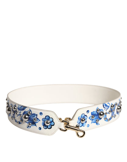 Dolce & Gabbana White Blue Floral Leather Stud Shoulder Strap