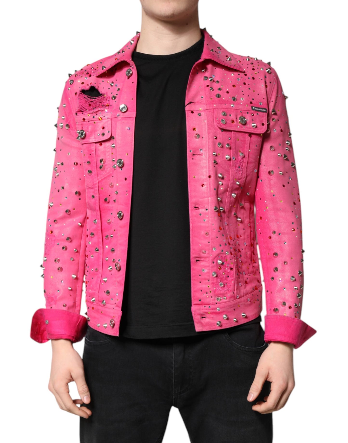 Dolce & Gabbana Pink Crystal Embellished Cotton Denim Jacket