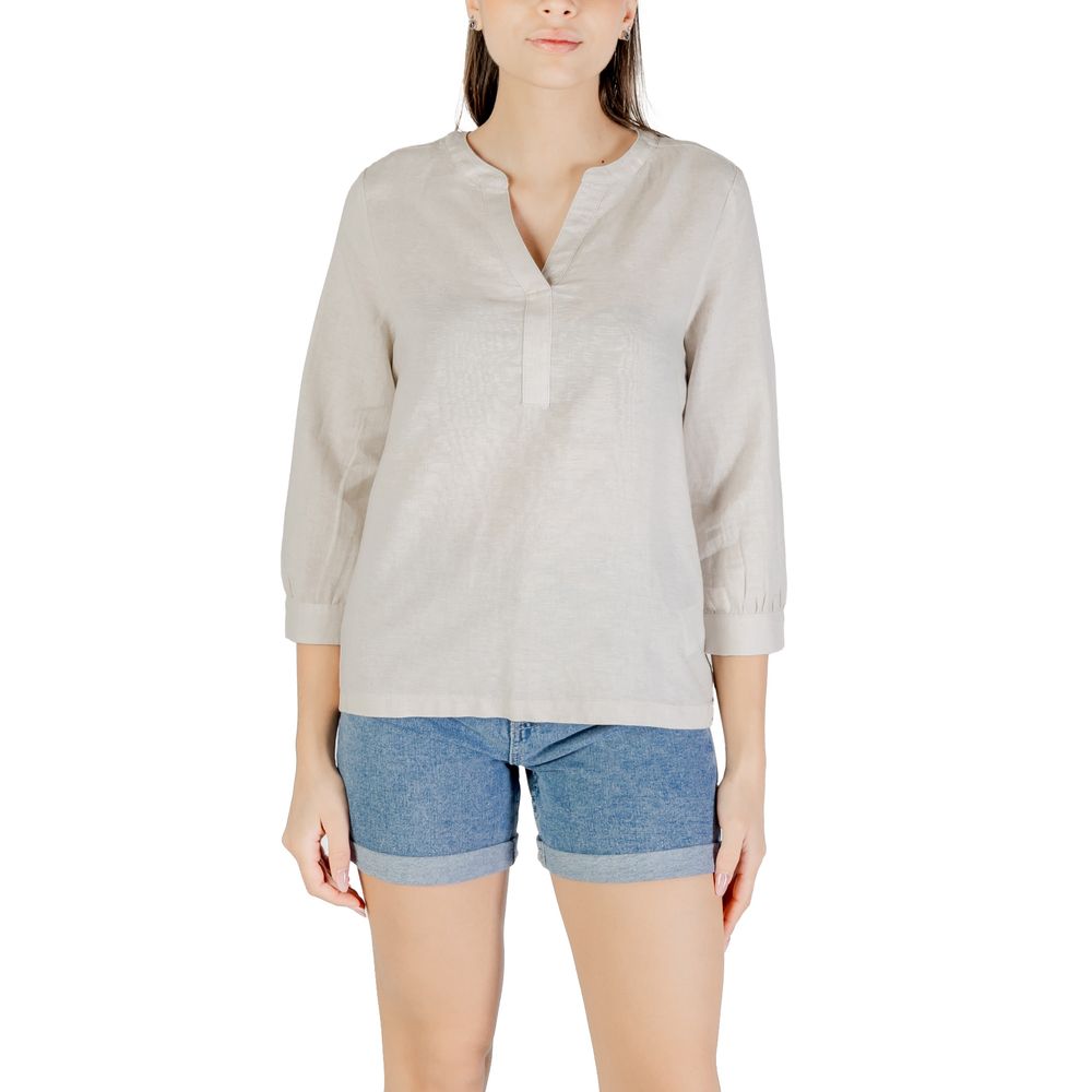 Shirt by Street One for women in linen & cotton beige features an polished silhouette, showcasing a sophisticated v-neck neckline and long-sleeve detail for a truly polished finish.