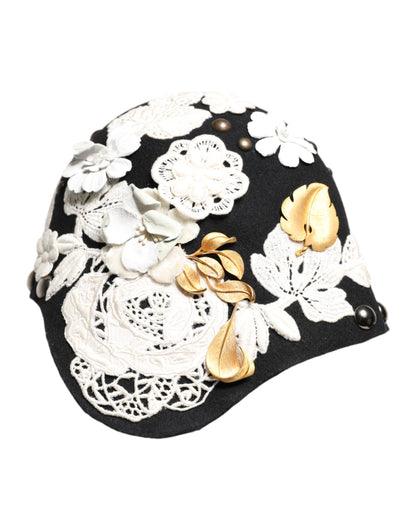 Dolce & Gabbana Sicily Metal Silk & Wool Cloche Hat - Black Gold Silver White Floral