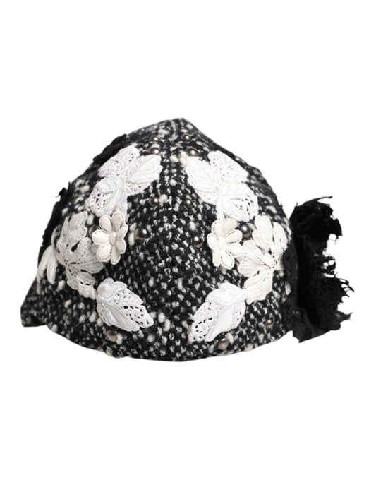 Dolce & Gabbana Cotton Silk Mohair & Wool Cloche Hat - Black White Floral