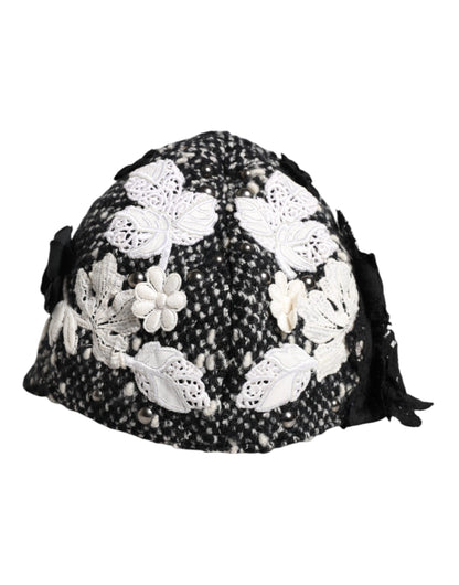 Dolce & Gabbana Cotton Silk Mohair & Wool Cloche Hat - Black White Floral