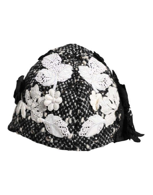 Dolce & Gabbana Cotton Silk Mohair & Wool Cloche Hat - Black White Floral