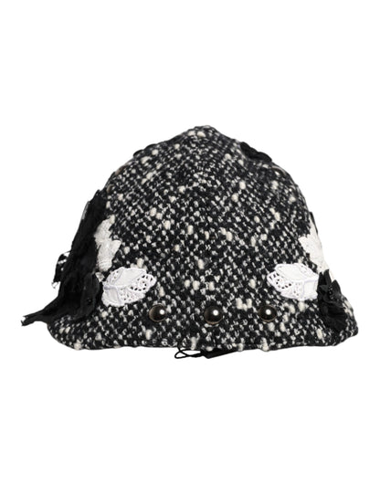 Dolce & Gabbana Cotton Silk Mohair & Wool Cloche Hat - Black White Floral