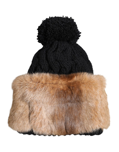 Dolce & Gabbana Rabbit Fur & Virgin Wool Beanie Hat - Black Brown