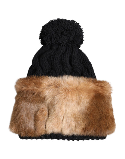 Dolce & Gabbana Rabbit Fur & Virgin Wool Beanie Hat - Black Brown