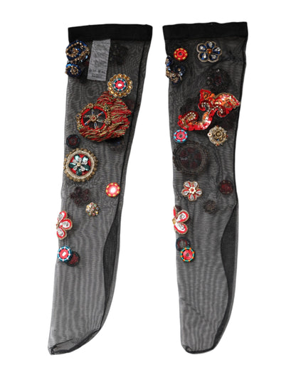 Dolce & Gabbana Women's Nylon Tulle Metal & Crystal Socks - Black Gold Multicolor