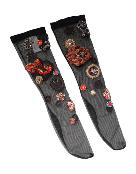 Dolce & Gabbana Women's Nylon Tulle Metal & Crystal Socks - Black Gold Multicolor