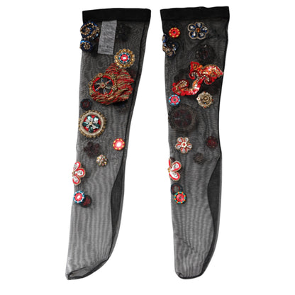 Dolce & Gabbana Women's Nylon Tulle Metal & Crystal Socks - Black Gold Multicolor
