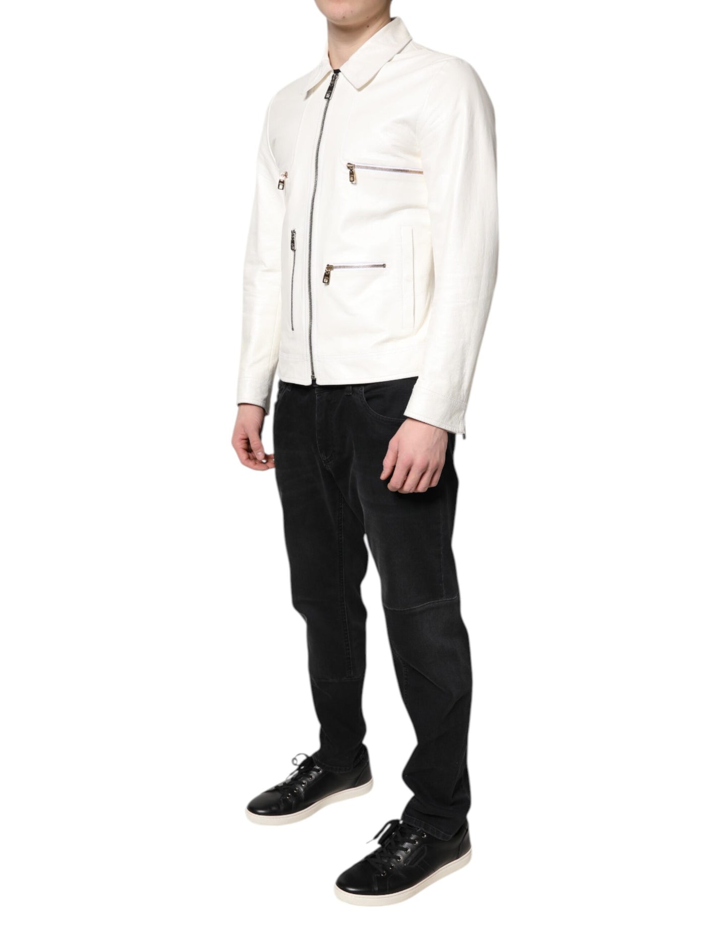 Dolce & Gabbana White Collared Full Zip Biker Coat Jacket