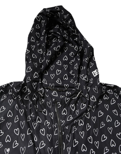 Dolce & Gabbana Black Heart Print Hooded Windbreaker Jacket