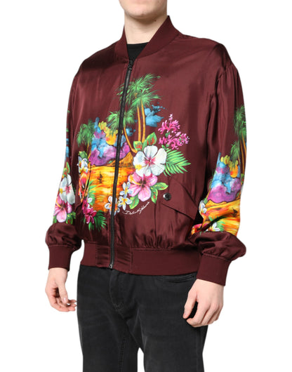 Dolce & Gabbana Men's Silk Bomber Jacket - Maroon Floral Print