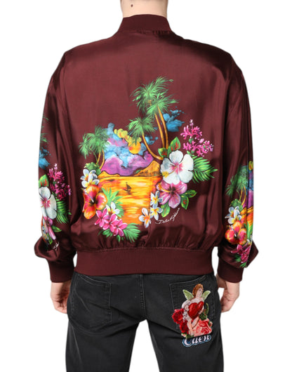 Dolce & Gabbana Men's Silk Bomber Jacket - Maroon Floral Print