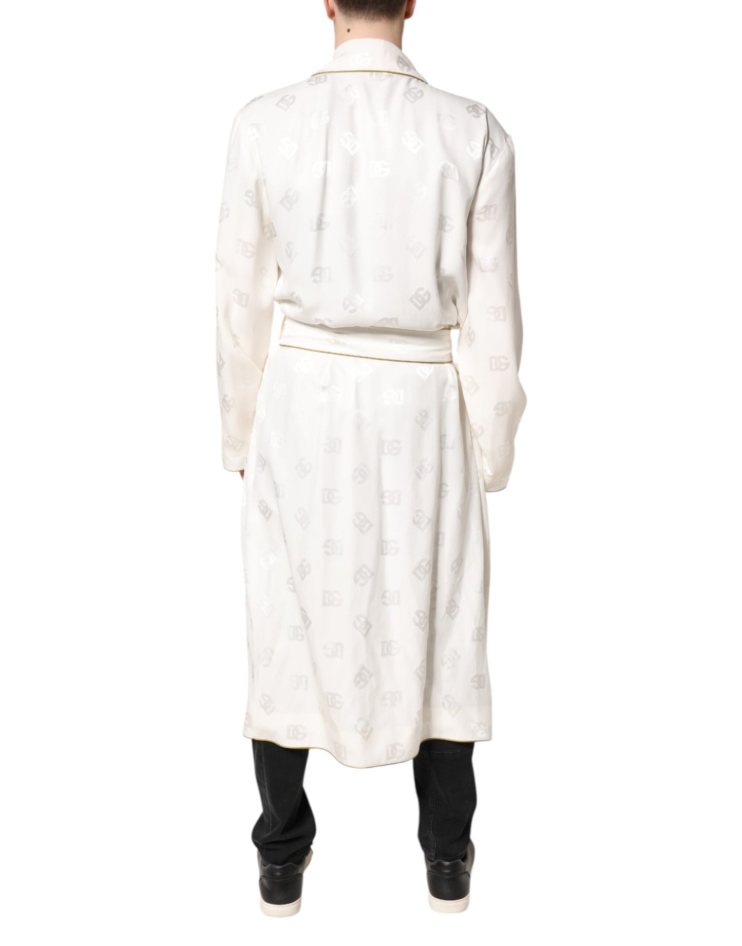 Dolce & Gabbana Ivory Silk Logo Men Wrap Robe Coat Jacket
