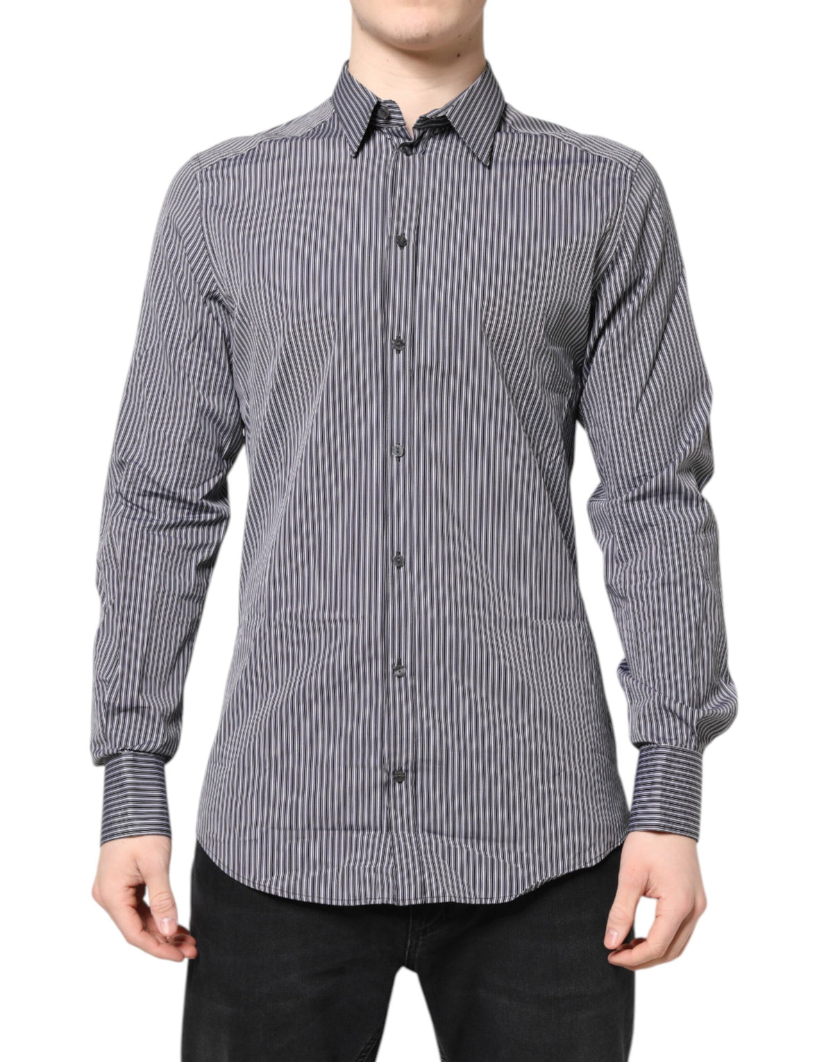 Dolce & Gabbana Men's Slim Long-Sleeve Cotton Dress Shirt - Black Gold White Striped
