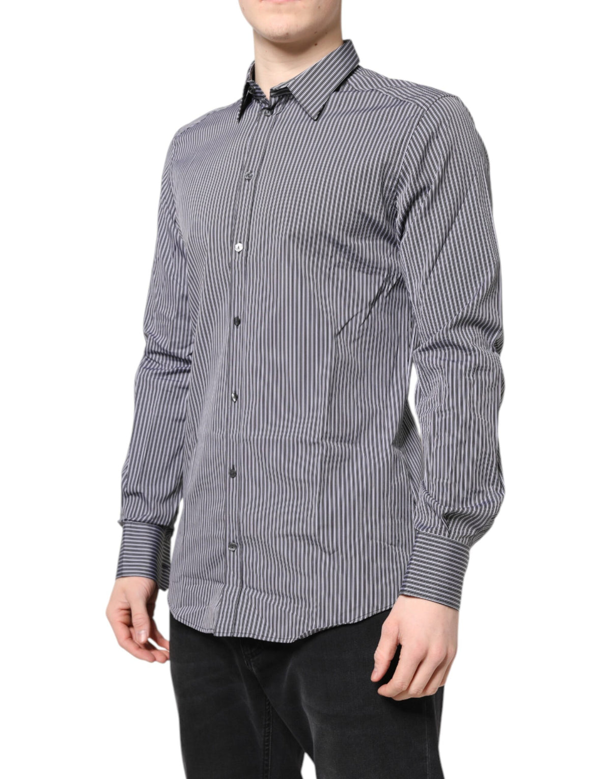 Dolce & Gabbana Men's Slim Long-Sleeve Cotton Dress Shirt - Black Gold White Striped
