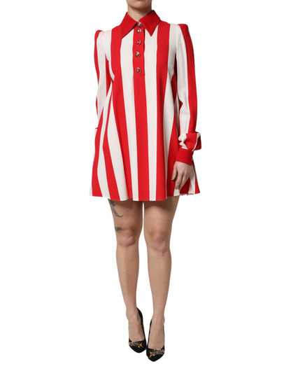 Dolce & Gabbana Women's Shift Long-Sleeve Nylon Cotton & Silk Mini Dress - Red White Print Striped