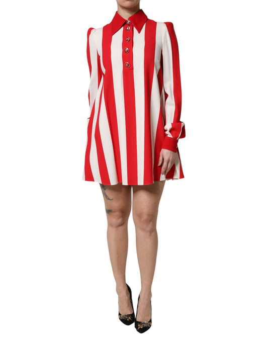 Dolce & Gabbana Women's Shift Long-Sleeve Nylon Cotton & Silk Mini Dress - Red White Print Striped