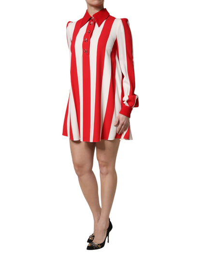 Dolce & Gabbana Women's Shift Long-Sleeve Nylon Cotton & Silk Mini Dress - Red White Print Striped
