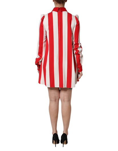 Dolce & Gabbana Women's Shift Long-Sleeve Nylon Cotton & Silk Mini Dress - Red White Print Striped