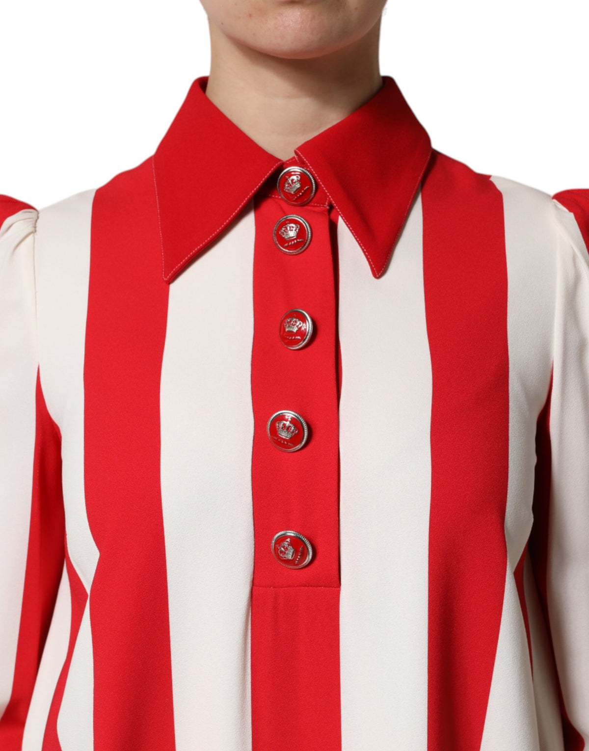 Dolce & Gabbana Women's Shift Long-Sleeve Nylon Cotton & Silk Mini Dress - Red White Print Striped