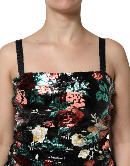 Dolce & Gabbana Women's Sheath Sleeveless Polyester Silk & Sequins Mini Dress - Black Floral