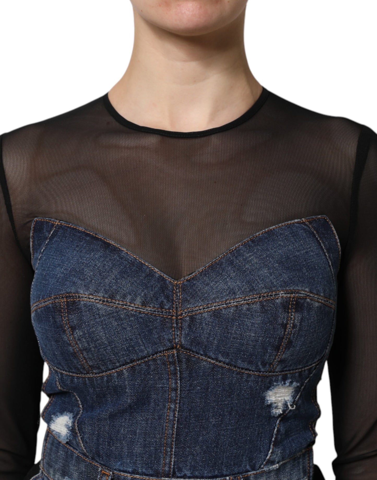 Dolce & Gabbana Black Blue Long Sleeves Denim Mini Dress