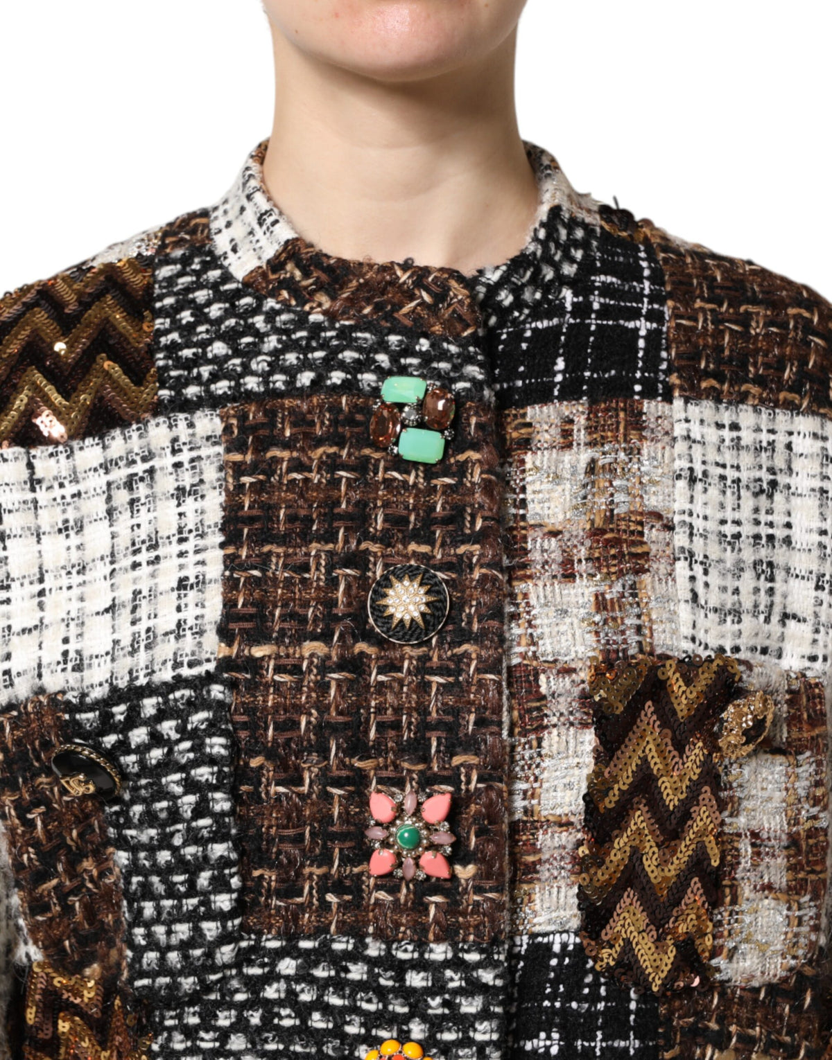 Dolce & Gabbana Women's Down Silk Cotton Mohair & Alpaca Wool Jacket - Multicolor Patchwork