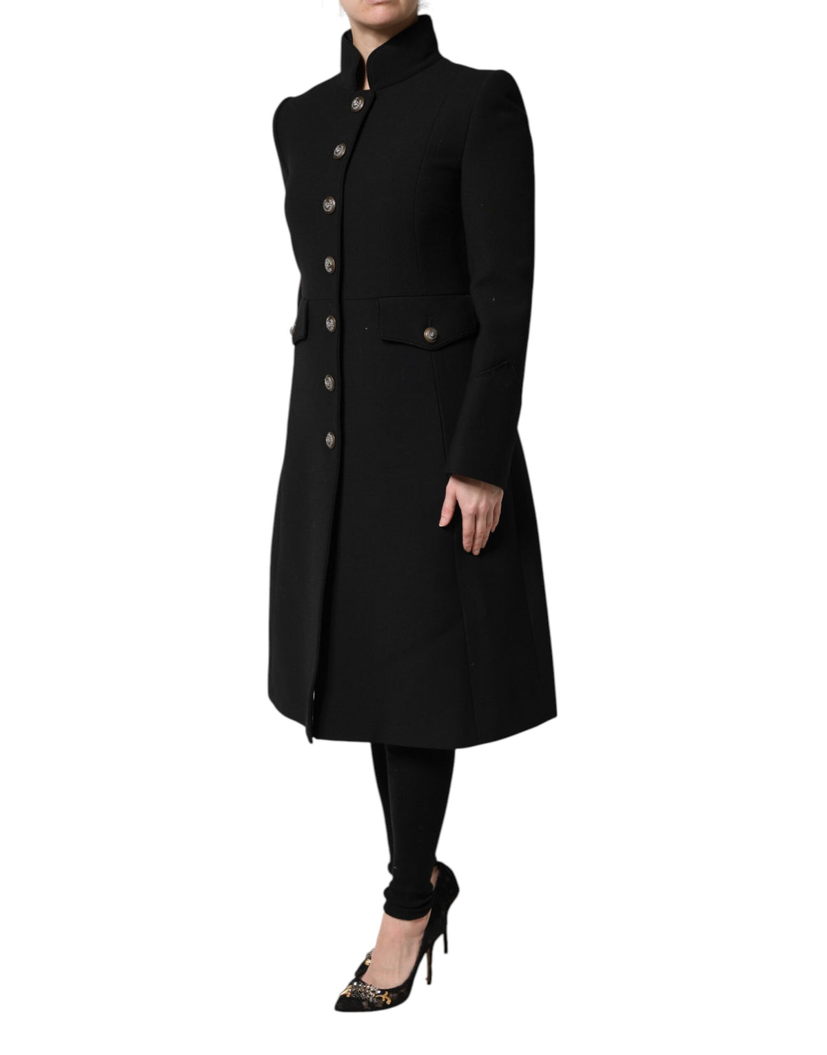Dolce & Gabbana Women's Single Breasted Virgin Wool Silk Nylon & Elastane Trench Coat - Black