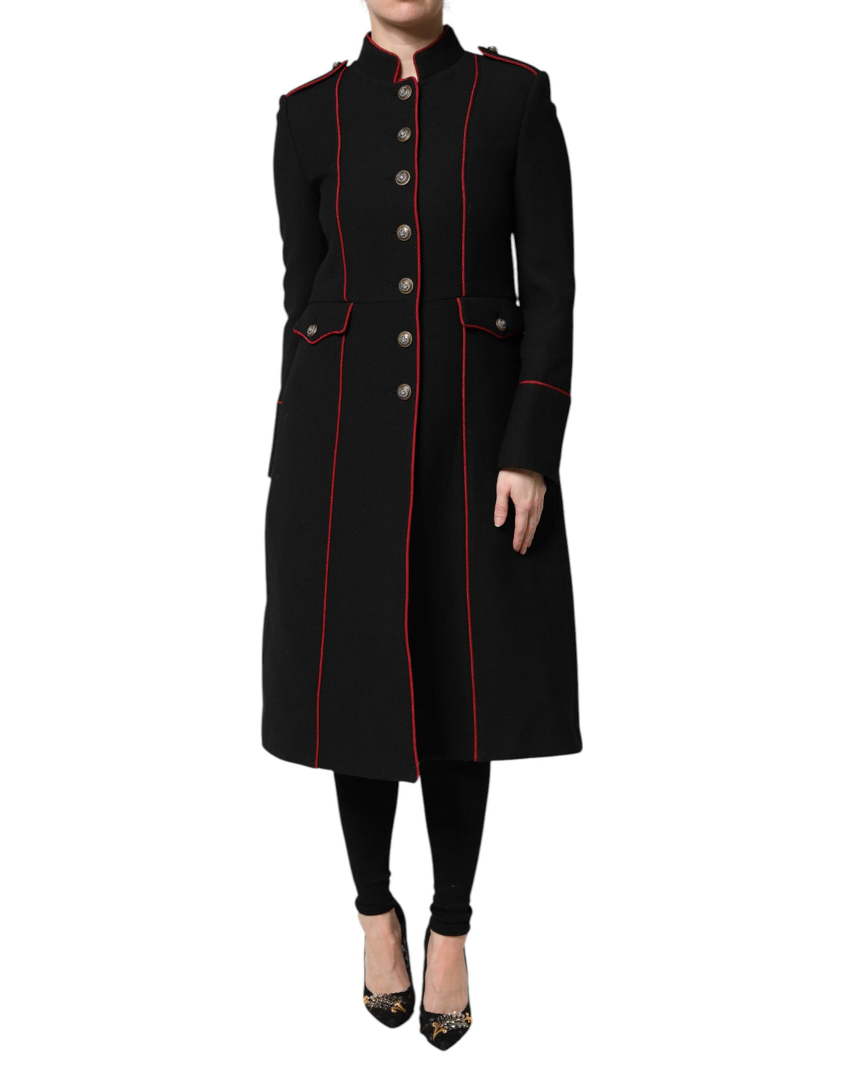 Dolce & Gabbana Women's Single Breasted Virgin Wool Silk Nylon & Elastane Trench Coat - Black
