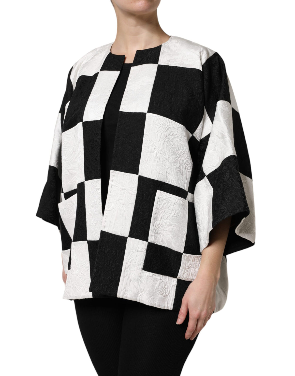 Dolce & Gabbana Women's Nylon Polyester Cotton & Silk Blazer - Black White Jacquard Patchwork