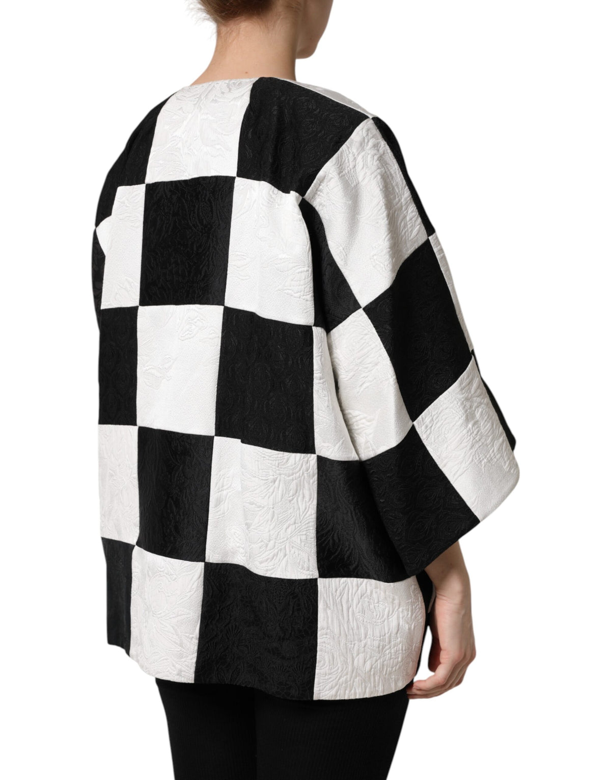 Dolce & Gabbana Women's Nylon Polyester Cotton & Silk Blazer - Black White Jacquard Patchwork