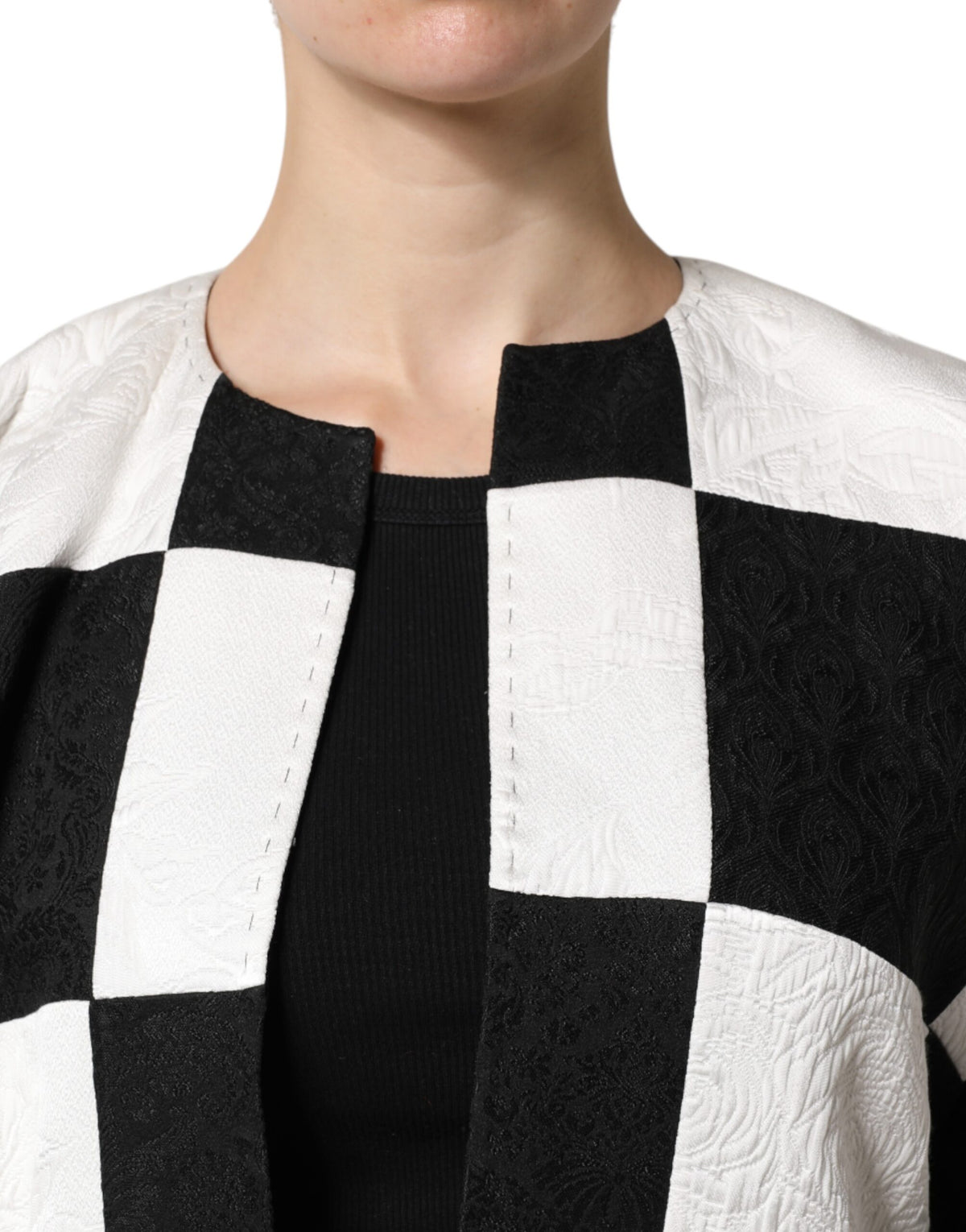 Dolce & Gabbana Women's Nylon Polyester Cotton & Silk Blazer - Black White Jacquard Patchwork