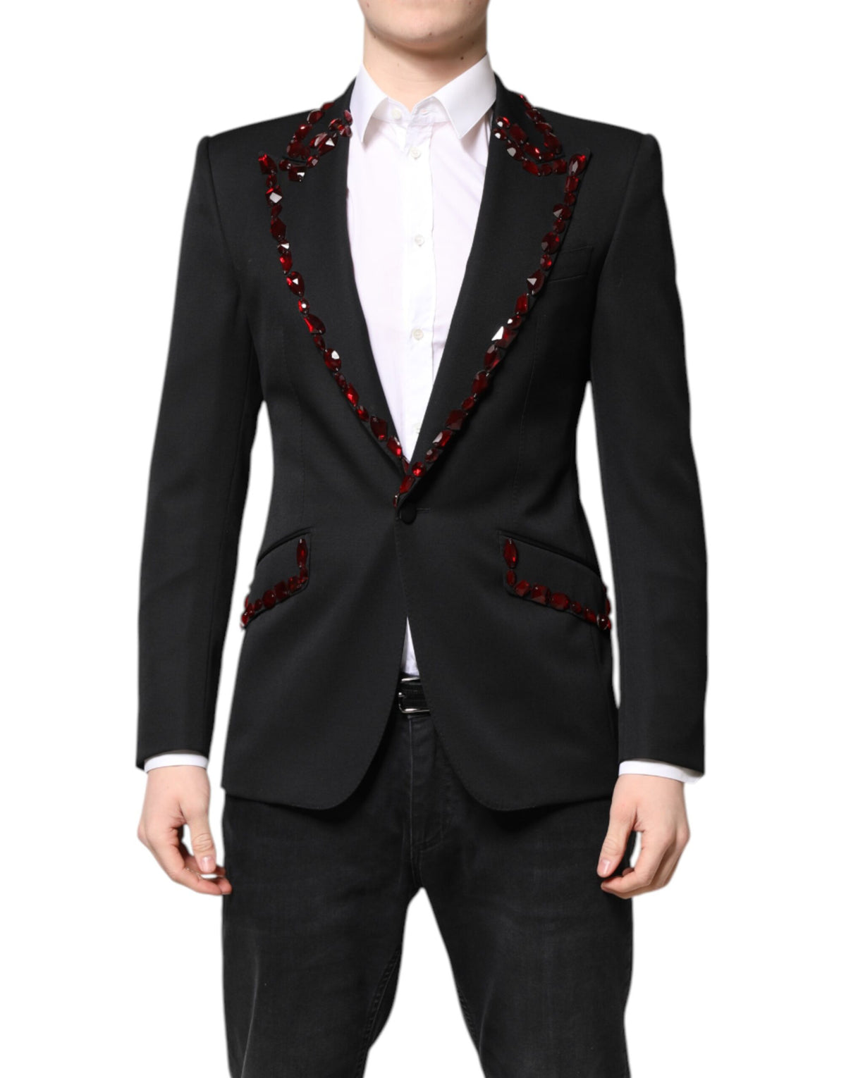 Dolce & Gabbana Men's Single Breasted Virgin Wool Viscose Polyester & Crystal Blazer - Black Red