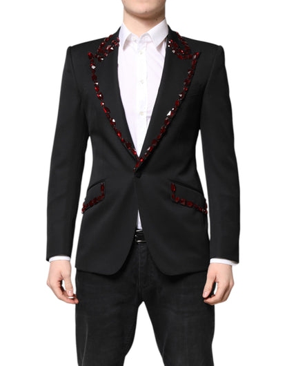 Dolce & Gabbana Men's Single Breasted Virgin Wool Viscose Polyester & Crystal Blazer - Black Red