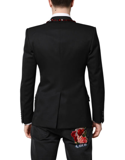 Dolce & Gabbana Men's Single Breasted Virgin Wool Viscose Polyester & Crystal Blazer - Black Red