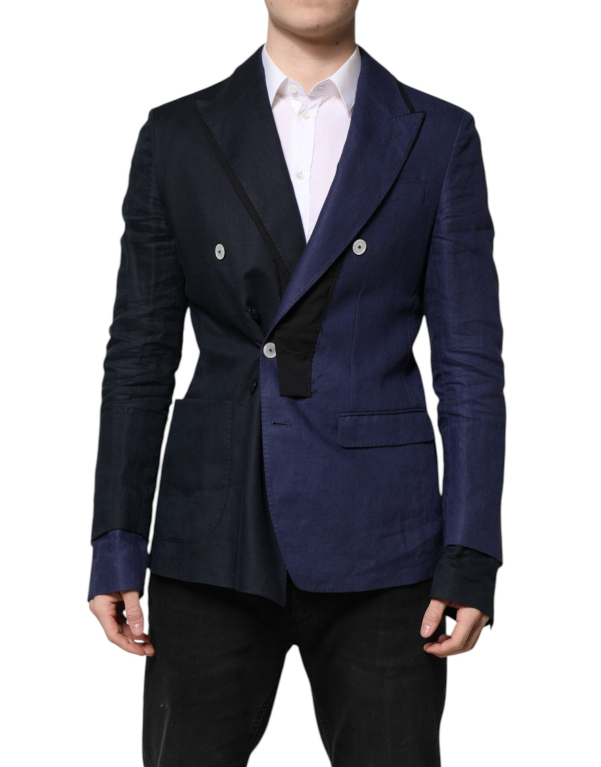 Dolce & Gabbana Men's Double Breasted Virgin Wool Silk Flax & Cotton Blazer - Navy