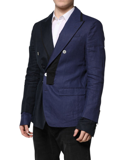Dolce & Gabbana Men's Double Breasted Virgin Wool Silk Flax & Cotton Blazer - Navy