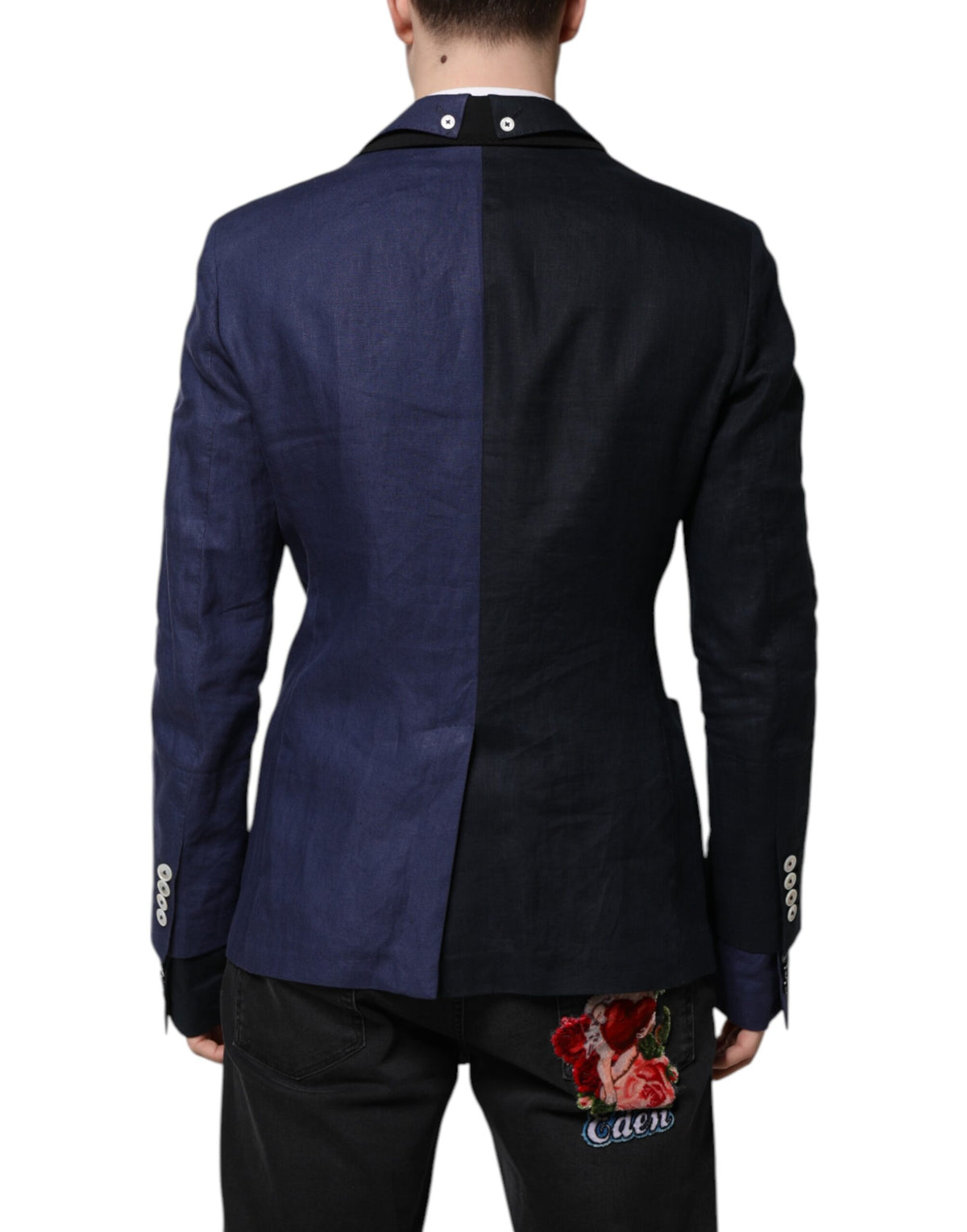 Dolce & Gabbana Men's Double Breasted Virgin Wool Silk Flax & Cotton Blazer - Navy
