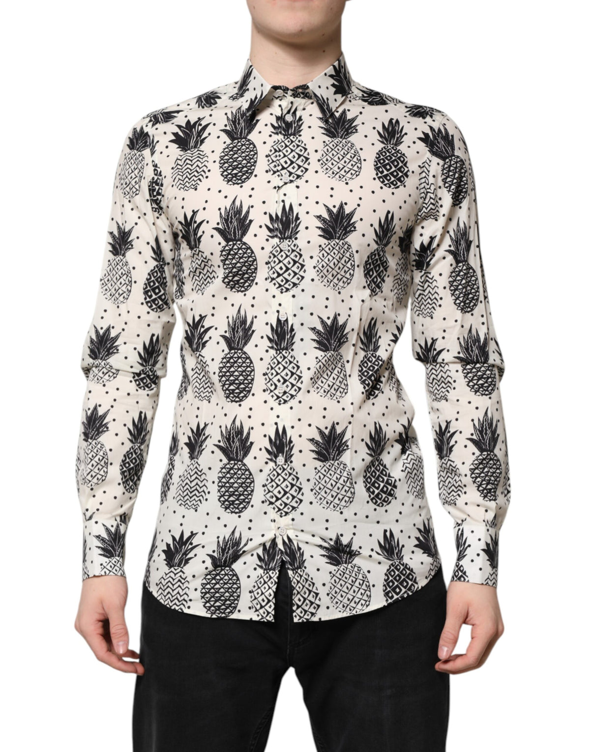 Dolce & Gabbana Men's Slim Long-Sleeve Cotton Shirt - Gold White Print