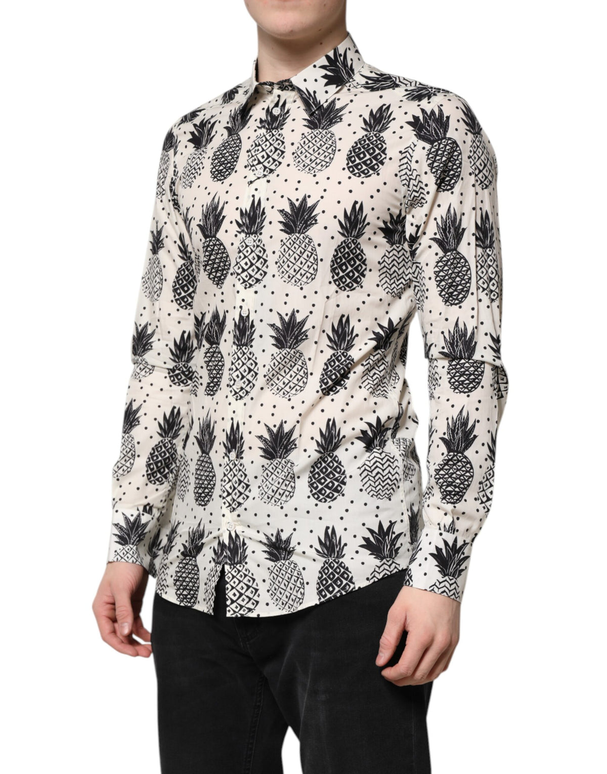 Dolce & Gabbana Men's Slim Long-Sleeve Cotton Shirt - Gold White Print