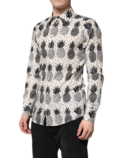 Dolce & Gabbana Men's Slim Long-Sleeve Cotton Shirt - Gold White Print