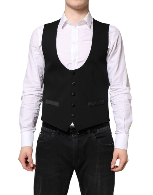 Dolce & Gabbana Men's Single Breasted Virgin Wool Viscose & Silk Vest - Black