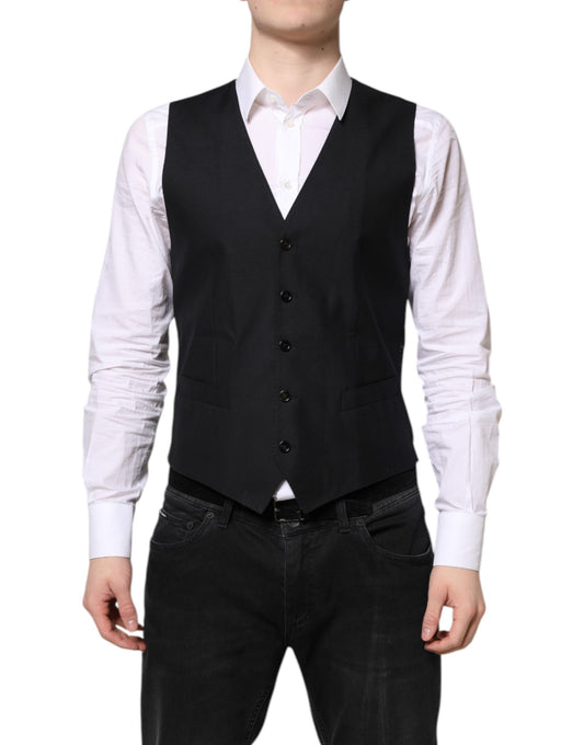 Dolce & Gabbana Men's Single Breasted Virgin Wool Viscose & Silk Vest - Black