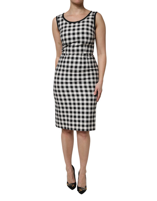 Dolce & Gabbana White Black Checkered Sleeveless Sheath Dress