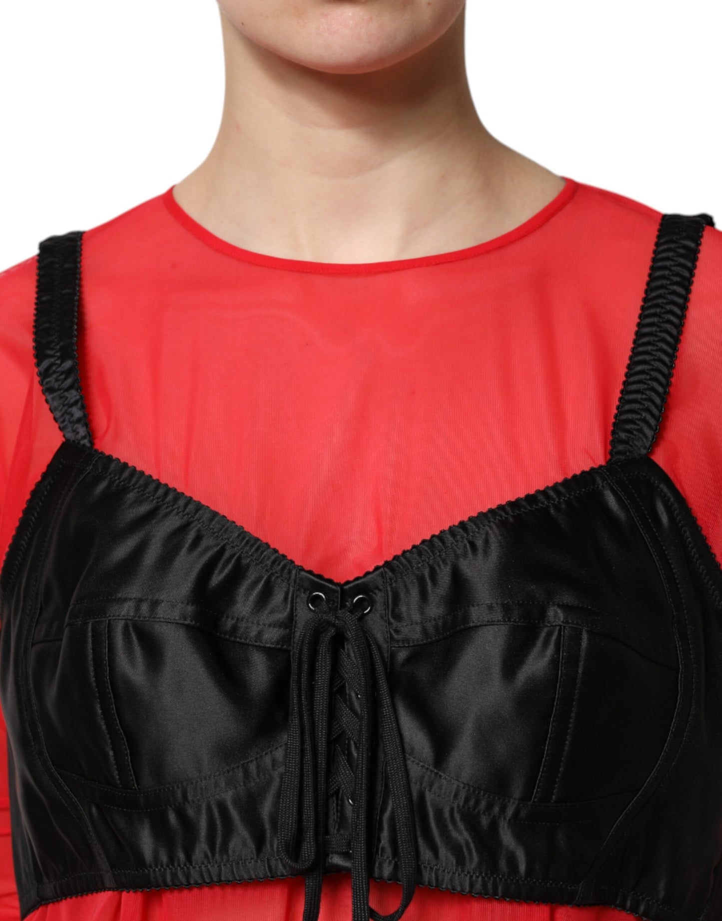 Dolce & Gabbana Red Black Bustier Detailing Long Sleeves Top