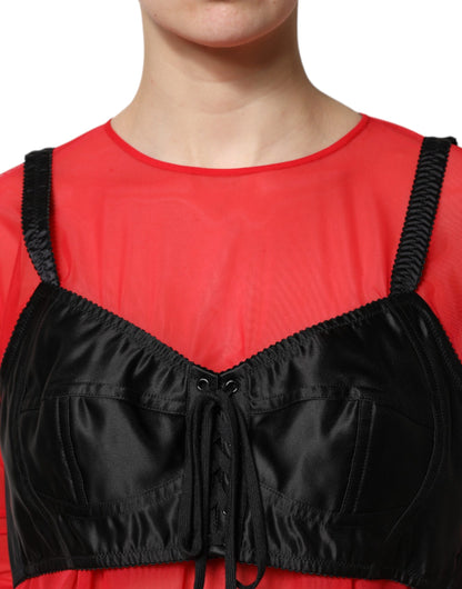 Dolce & Gabbana Red Black Bustier Detailing Long Sleeves Top
